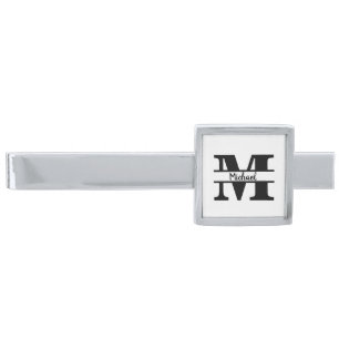 Customized monogram silver finish tie bar