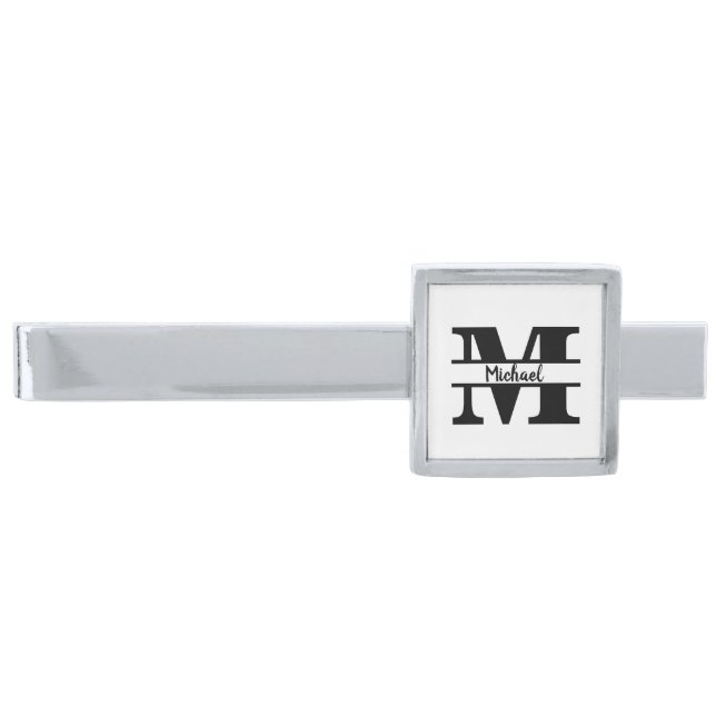 Customized monogram silver finish tie bar (Front)