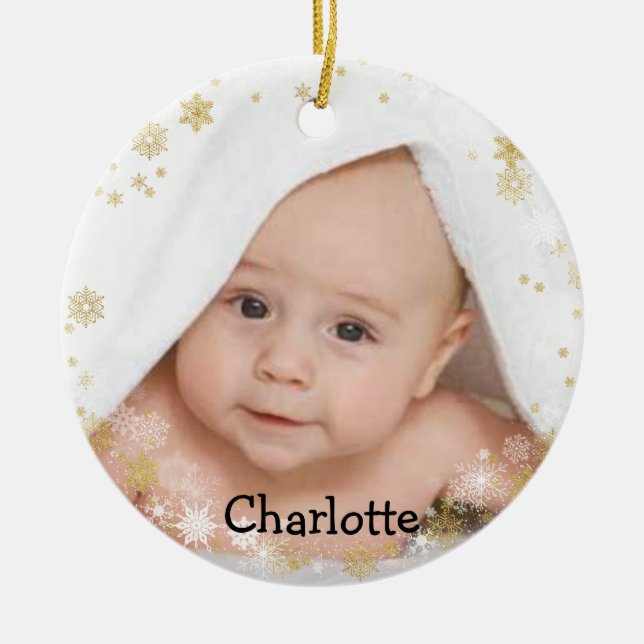 Customized Name and Photo Round Snowflake Ceramic Ornament (Front)