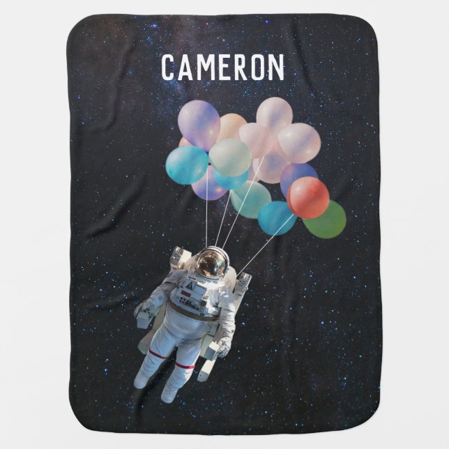 Customized Name Astronaut Stars & Space Balloons Baby Blanket (Front)