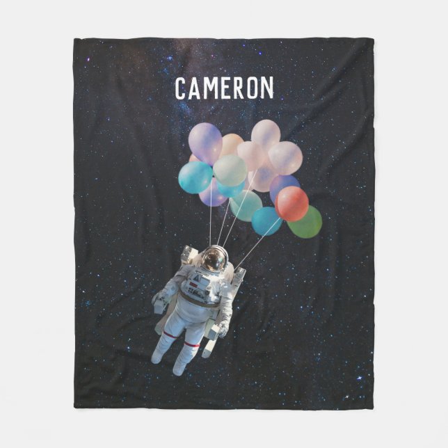 Customized Name Astronaut Stars & Space Balloons Fleece Blanket (Front)