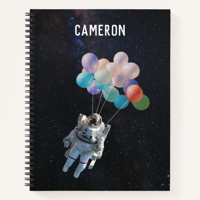 Customized Name Astronaut Stars & Space Balloons Notebook (Front)