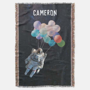 Customized Name Astronaut Stars & Space Balloons Throw Blanket