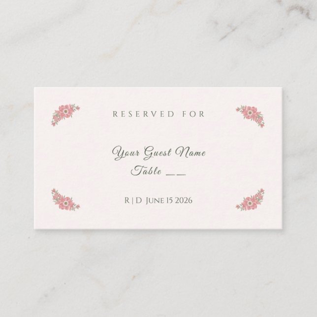 Customized Name Blush Floral Garden Wedding Table Place Card (Front)