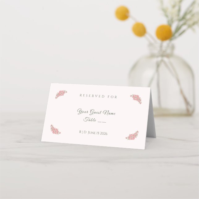 Customized Name Blush Floral Garden Wedding Table Place Card (Front)