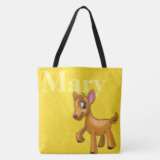 Customized name cartoon animals with yellow patter tote bag
