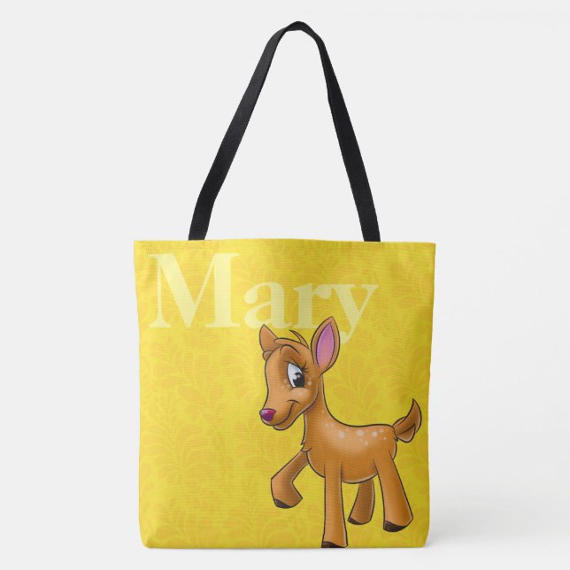 Customized name cartoon animals with yellow patter tote bag (Front)