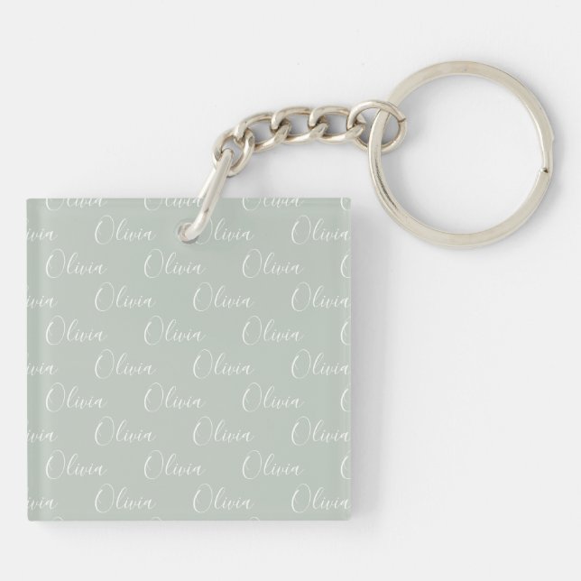 Customized Name Green White Script Keychain (Back)