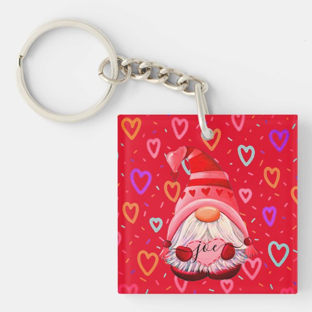 Customized Name LOVE Hearts Gnome Valentine Gift K Keychain (Front)