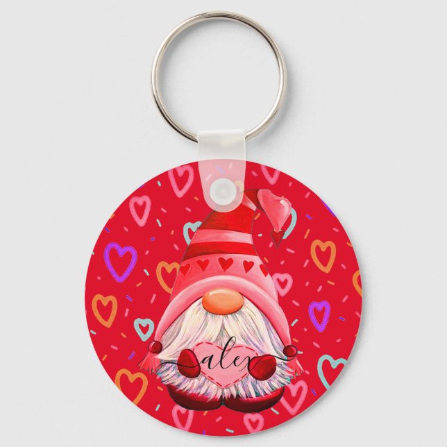 Customized Name LOVE Hearts Gnome Valentine Gift Keychain (Front)