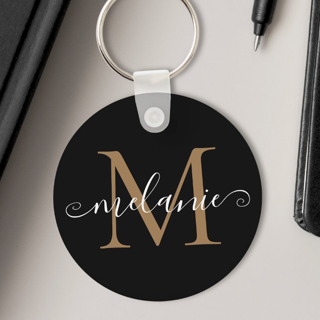 Customized Name Monogram Pretty Chic Script Black Keychain (Show off your name and initial in style with this stylish black personalized keychain.)