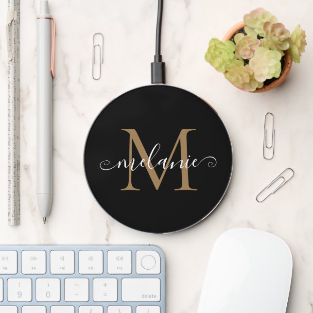 Customized Name Monogram Pretty Chic Script Black Wireless Charger (Desk)