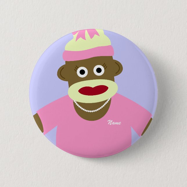 Customized Name or Monogram Sock Monkey Girl Button (Front)