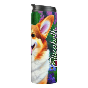 Customized Name Pastel Floral Corgi Thermal Tumbler