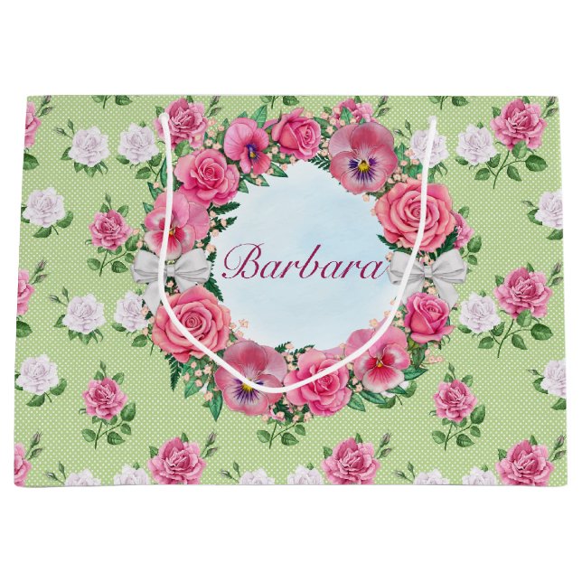 Customized Name Pink And White Roses Large Gift Bag (Front)