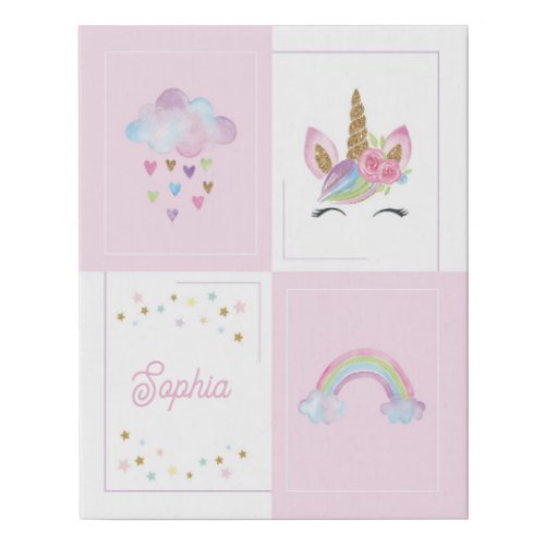 Customized Name Pink White Unicorn Baby Girls Room Faux Canvas Print