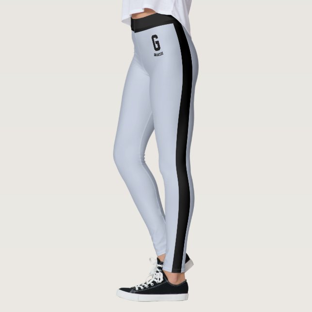 Customized Name Powder Blue Black Stripes Monogram Leggings (Left)
