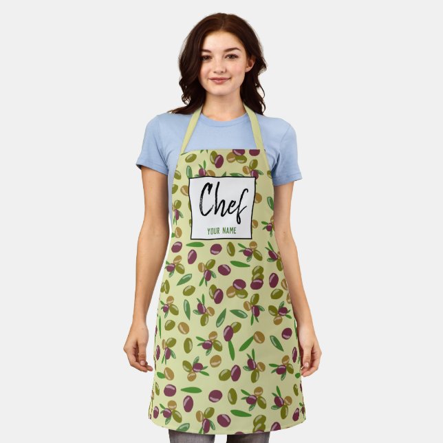 Customized Name Rustic Olive & Leaves Pattern Apron (Worn)