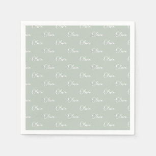 Customized Name Sage Green White Script Napkins
