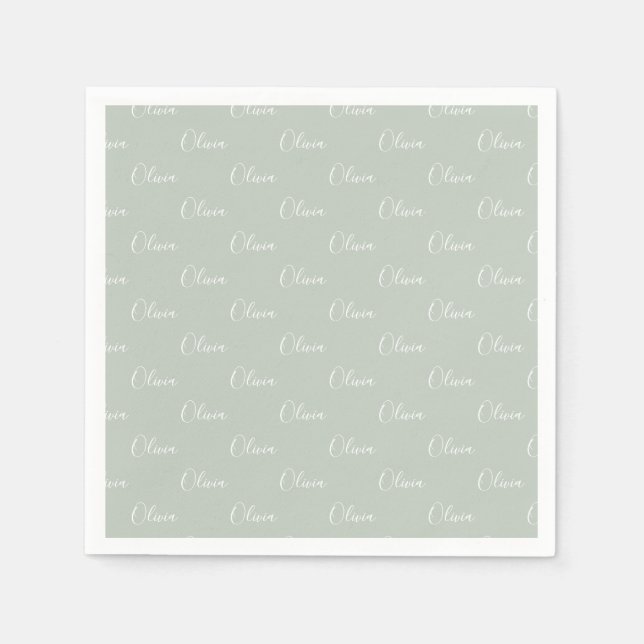 Customized Name Sage Green White Script Napkins (Front)