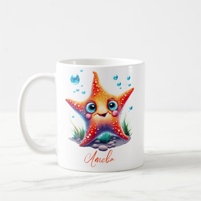 Customized Name Smiling Orange Starfish Lover Gift Coffee Mug (Left)