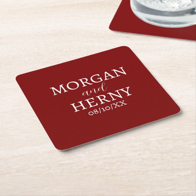 CUSTOMIZED NAME STYLISH MODERN BURGUNDY WEDDING  SQUARE PAPER COASTER (Angled)
