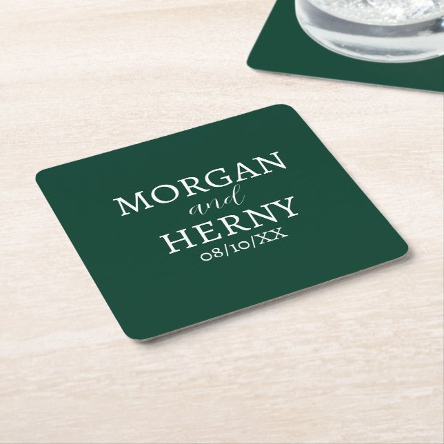 CUSTOMIZED NAME STYLISH MODERN DARK GREEN WEDDING SQUARE PAPER COASTER (Angled)