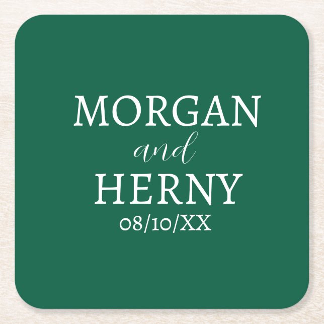 CUSTOMIZED NAME STYLISH MODERN DARK GREEN WEDDING  SQUARE PAPER COASTER (Front)