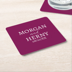 CUSTOMIZED NAME STYLISH MODERN DARK WINE WEDDING SQUARE PAPER COASTER