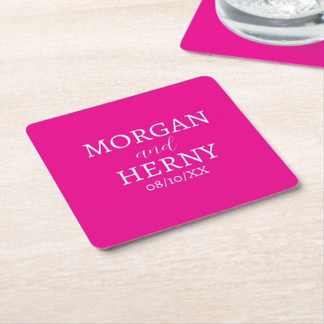 CUSTOMIZED NAME STYLISH MODERN HOT PINK WEDDING  SQUARE PAPER COASTER (Angled)