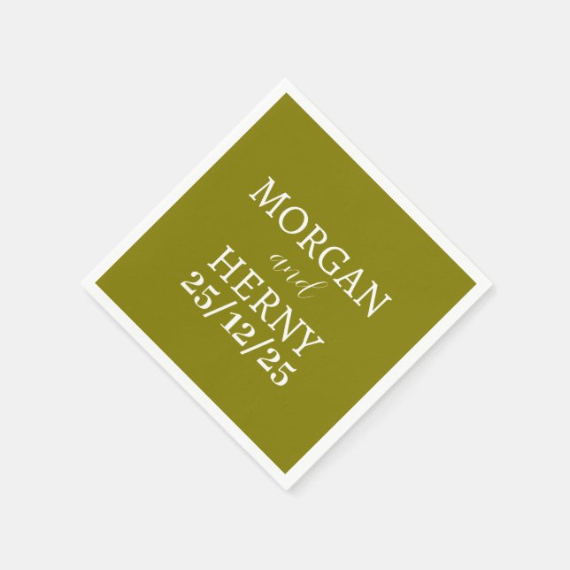 CUSTOMIZED NAME STYLISH MODERN OLIVE GREEN WEDDING NAPKINS (Corner)