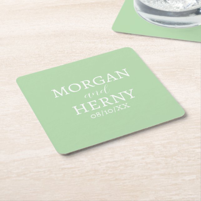 CUSTOMIZED NAME STYLISH MODERN PALE GREEN WEDDING  SQUARE PAPER COASTER (Angled)