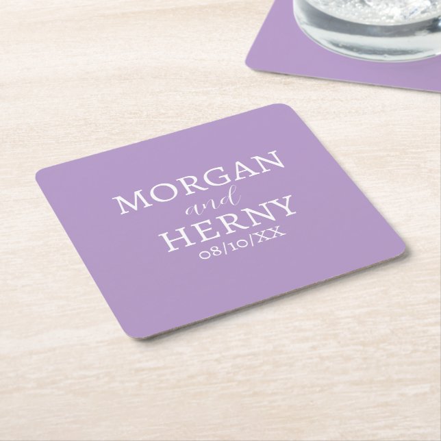 CUSTOMIZED NAME STYLISH MODERN PALE PURPLE WEDDING SQUARE PAPER COASTER (Angled)