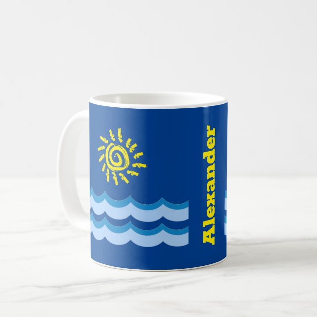 Customized Name Yellow Sun Blue Waves Coffee Mug (Front Left)