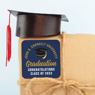Customized Navy Blue Gold 2026 Graduation Party Square Sticker
