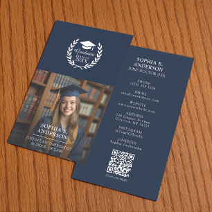 Customized Navy Blue Graduate Photo QR Name Calling Card