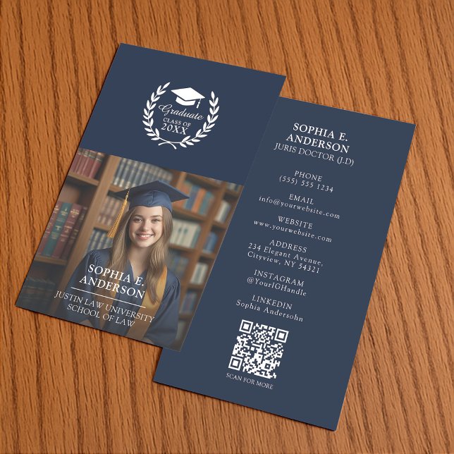 Customized Navy Blue Graduate Photo QR Name Calling Card (Creator Uploaded)