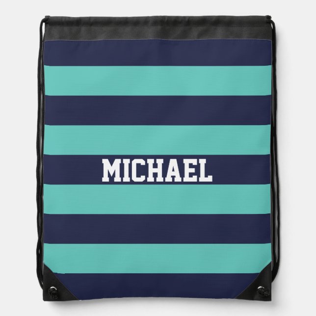 Customized Navy Blue Turquoise Stripes Drawstring Bag (Front)