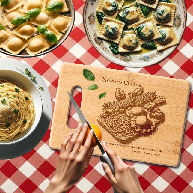 Customized Nonna’s Cucina Spaghetti Ravioli Bamboo Engraved Cutting Board (Creator Uploaded)