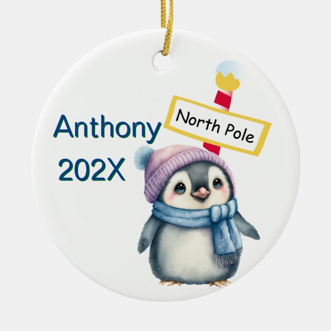Customized North Pole Penguin Christmas Ceramic Ornament (Front)