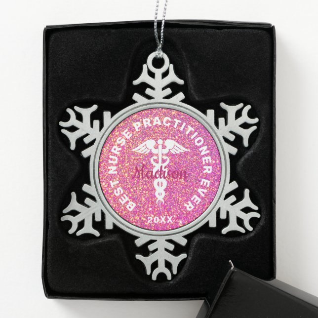 Customized Nurse Practitioner NP Graduation Pink Snowflake Pewter Christmas Ornament (Box)