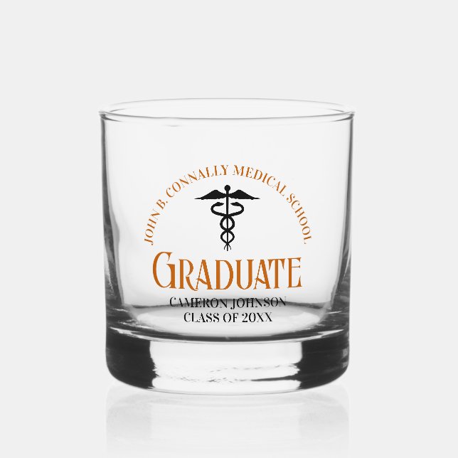 Customized Orange Medical School Graduation Whiskey Glass (Front)