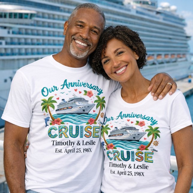 Customized Our Anniversary Cruise Faux Embroidery T-Shirt (Personalized Matching Anniversary Cruise Shirts. Checkout Collection for matching Cruise decorations)