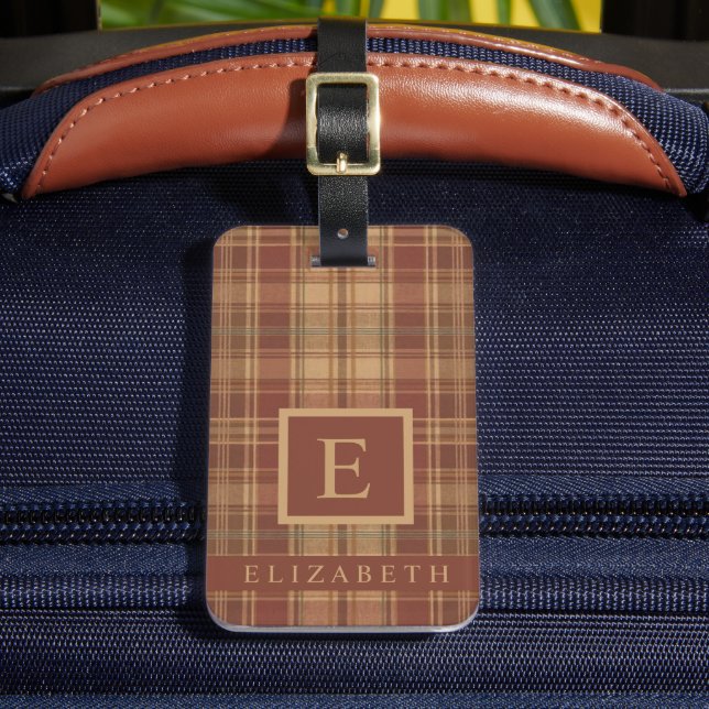 Customized Peach Pink Brown Checkered Pattern Luggage Tag (Front Insitu 2)