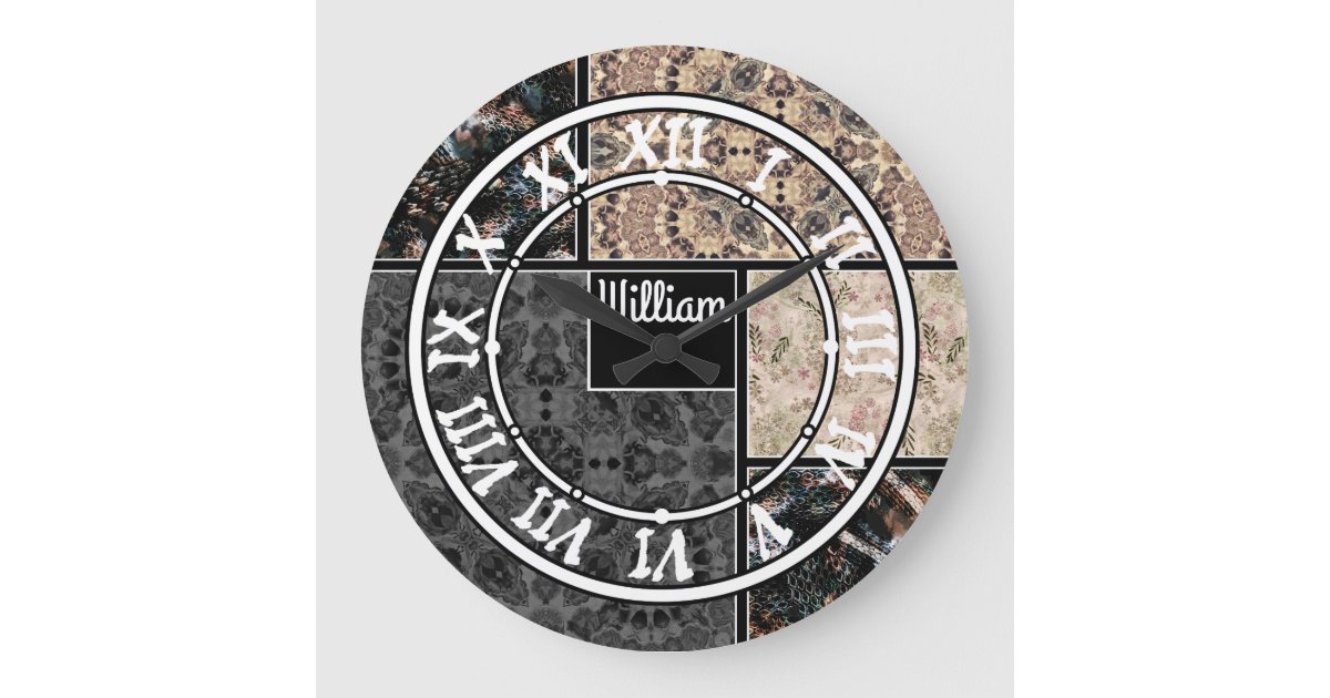 Customized personalized ornamental patches squares large clock | Zazzle