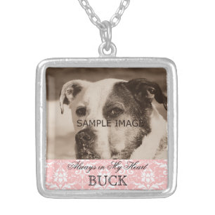 Customized Pet Memorial Photo Keepsake Pink Damask Silver Plated Necklace