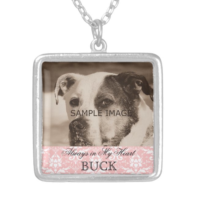 Customized Pet Memorial Photo Keepsake Pink Damask Silver Plated Necklace (Front)