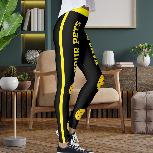 Customized Pet Mom Pickleball Black Yellow Stripes Leggings (Creator Uploaded)