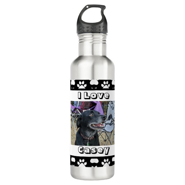 Customized Pet Photo and Paw Print Stainless Steel Water Bottle (Front)