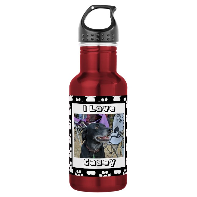Customized Pet Photo and Paw Print Stainless Steel Water Bottle (Front)